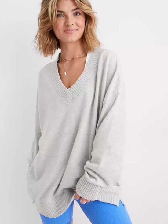 aerie Tops - Aerie Down-to-Earth V-Neck Oversized Sweatshirt Heather Gray
